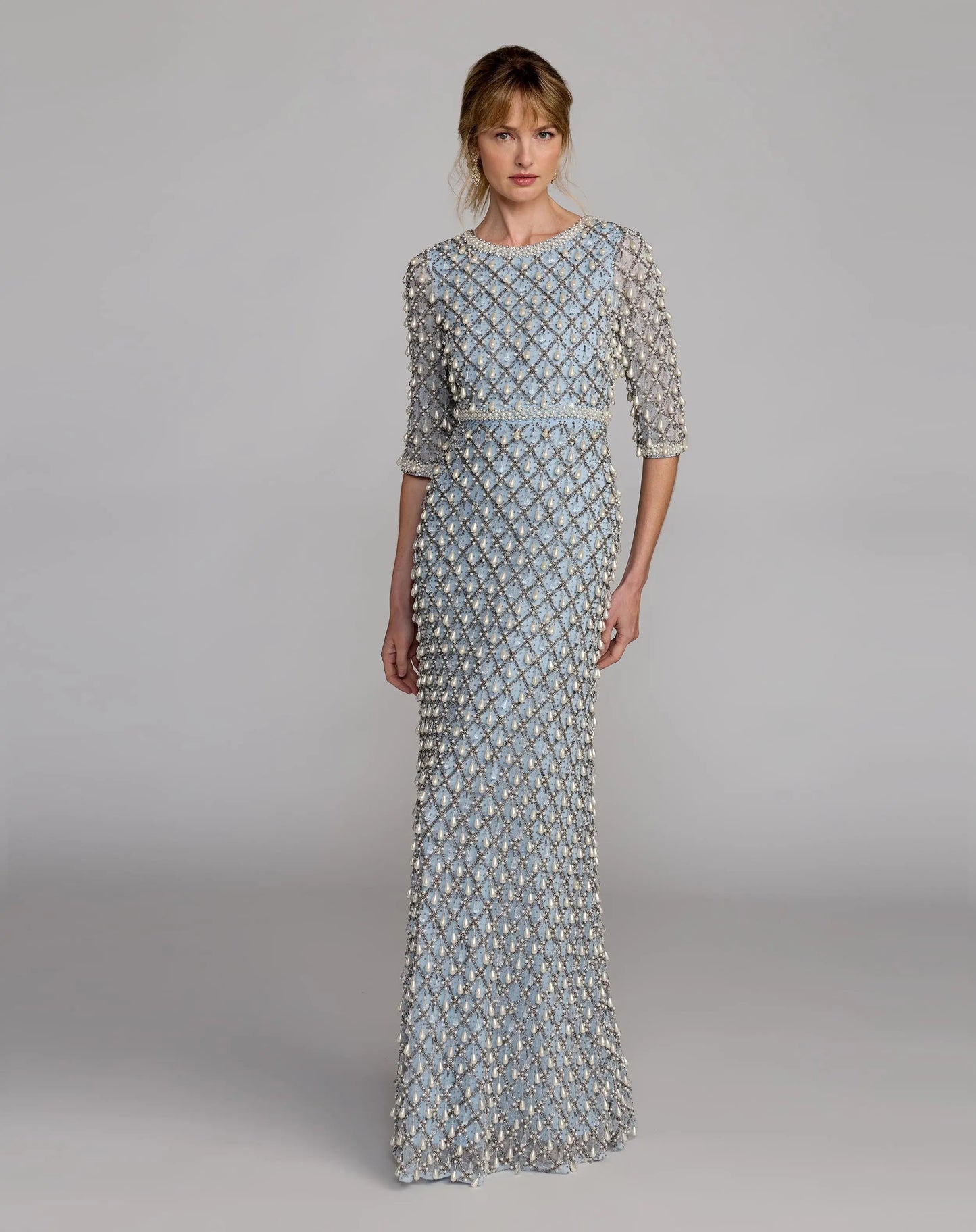 Blue Pearl Embellished 3/4 Sleeve Gown