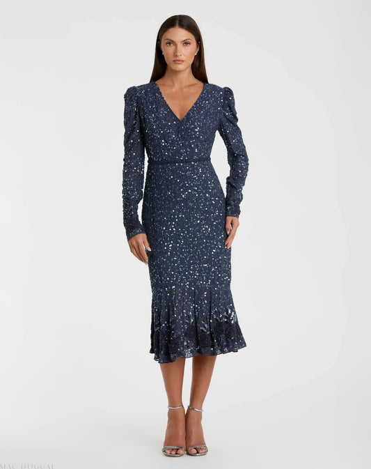 Blue Sequin Dress with Embellished Hemline and Belt - FINAL SALE