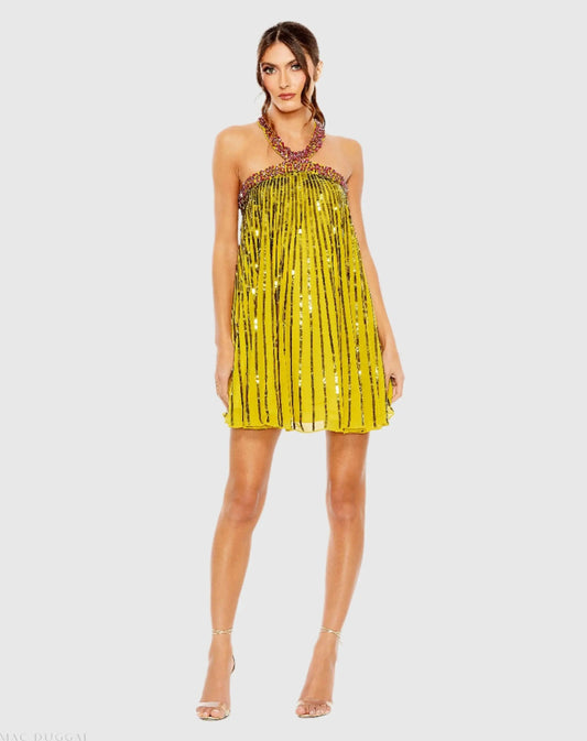 High Neck Open Back Embellished Trapeze Dress