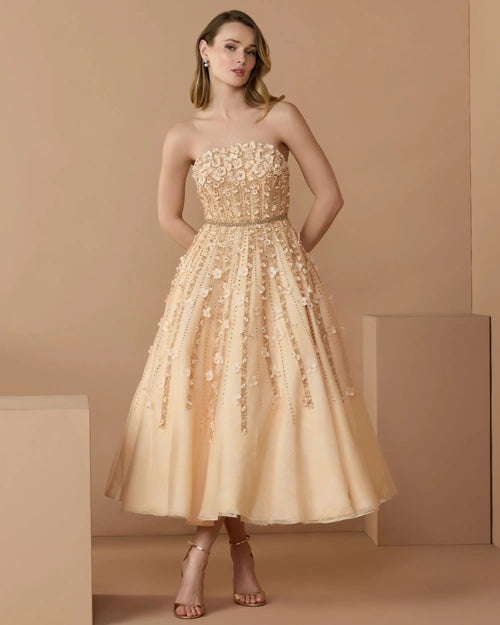 Embellished Lace Strapless A Line Midi Dress