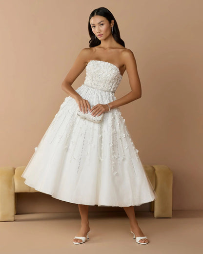 Embellished Lace Strapless A Line Midi Dress