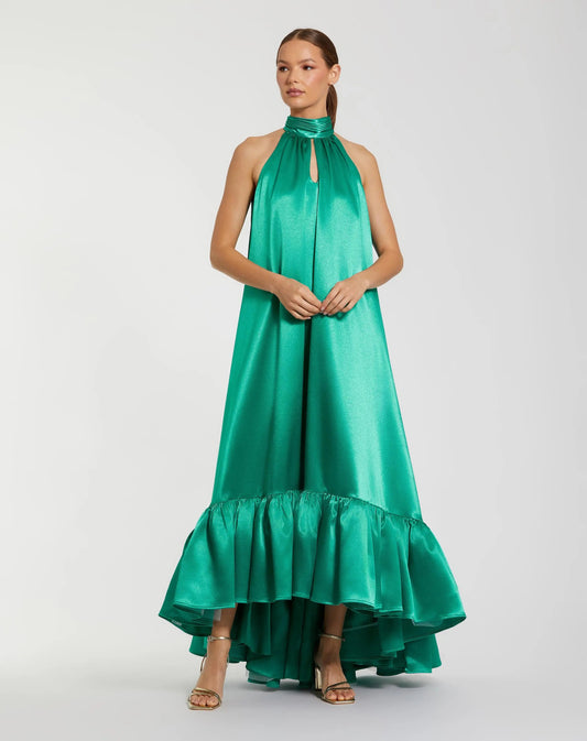Green Charmeuse Halter High Low Gown