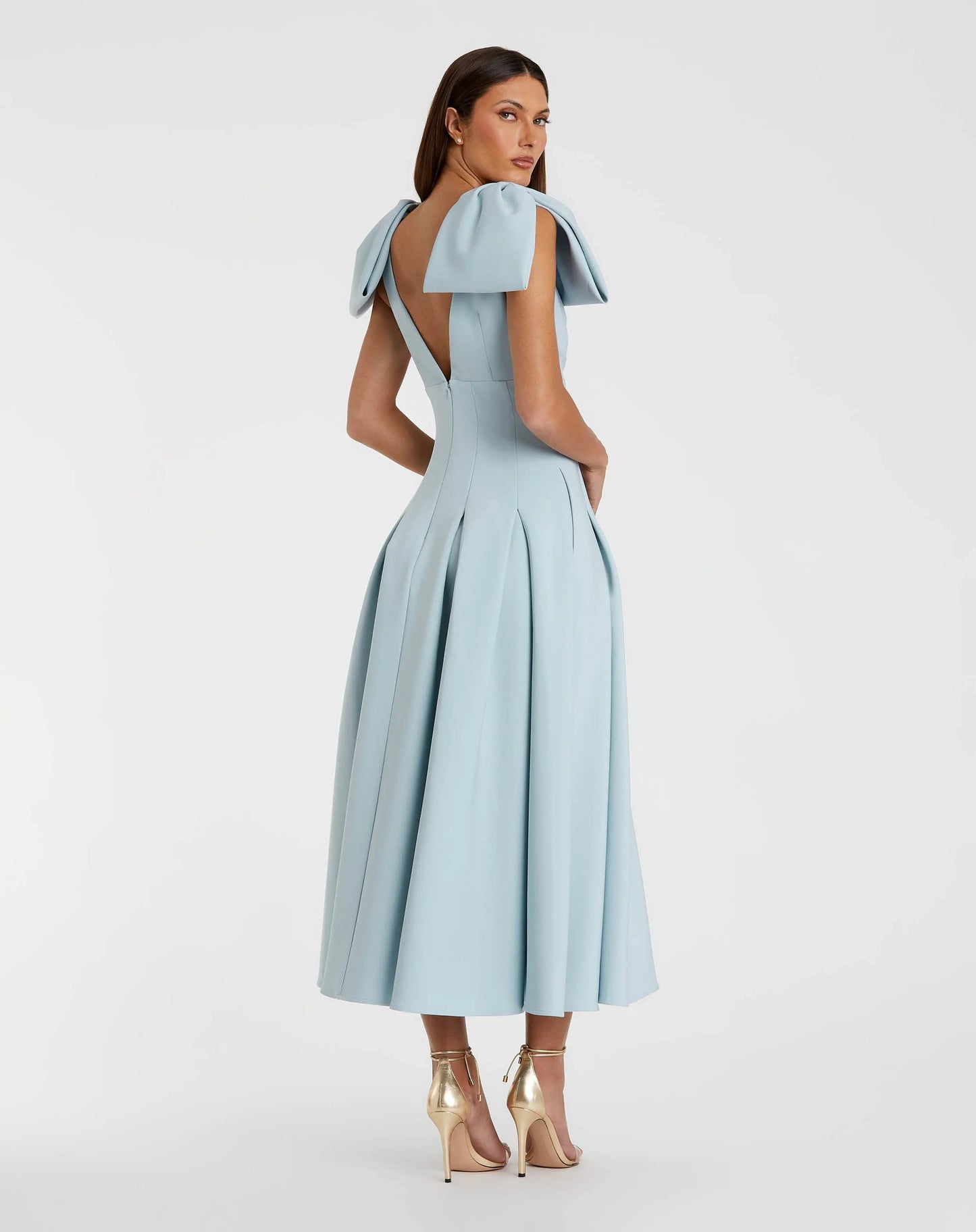 Blue Crepe A Line Midi Dress With Bow Straps
