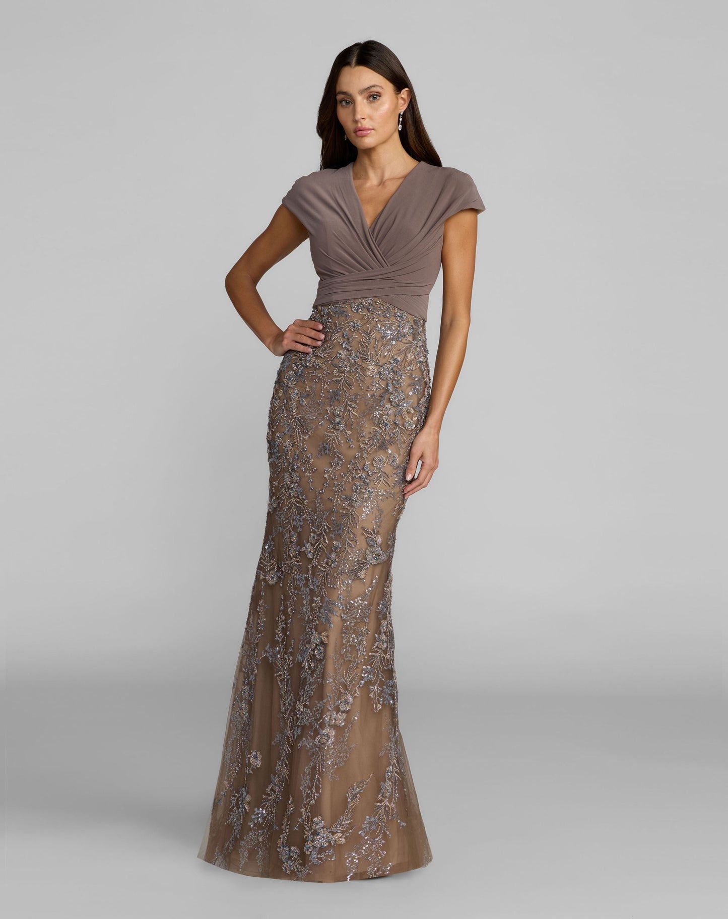 Beige Jersey Wrap Top Floral Sequin Gown