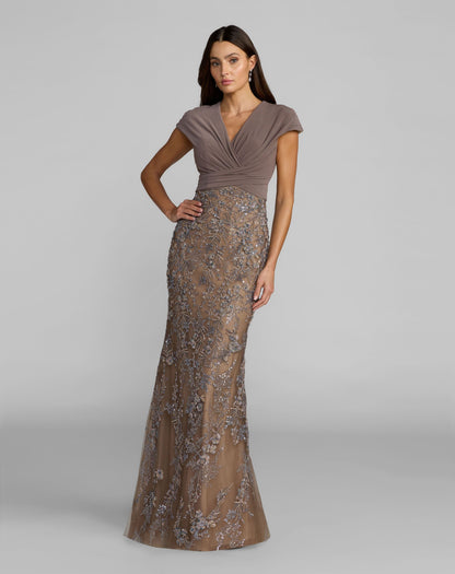 Beige Jersey Wrap Top Floral Sequin Gown