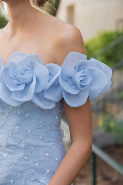Blue Off The Shoulder Embellished Dress With 3D Flower Detail