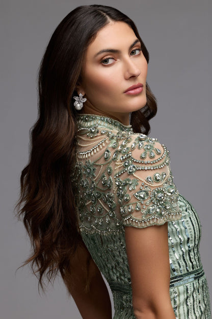 Green Beaded Mock Neck Midi Dress
