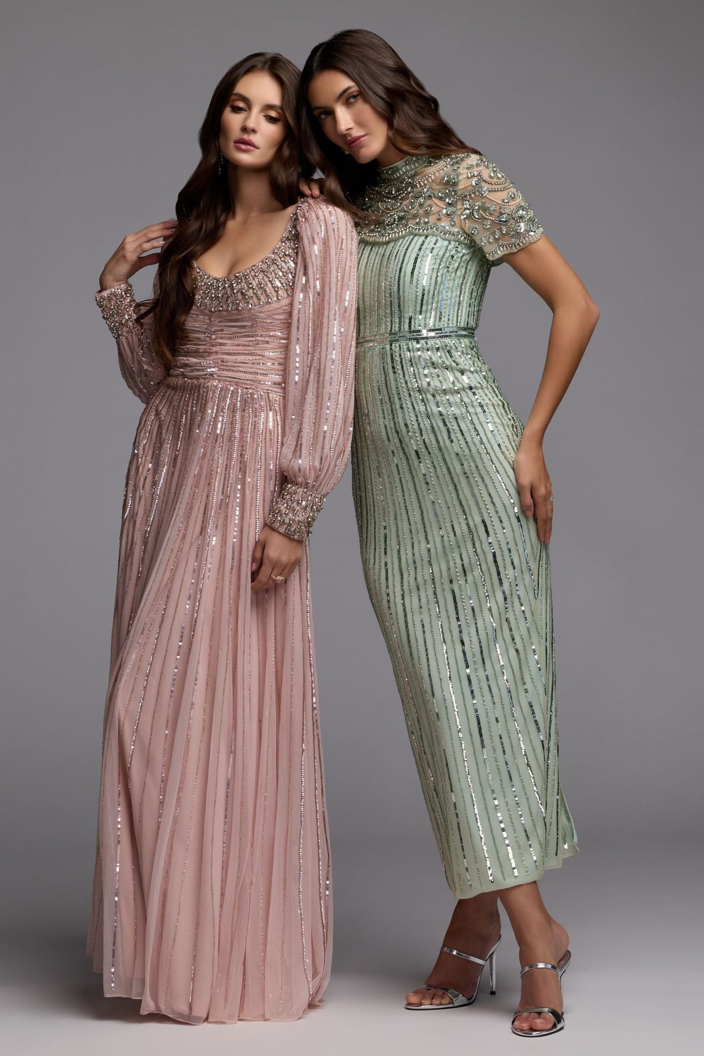 Green Beaded Mock Neck Midi Dress
