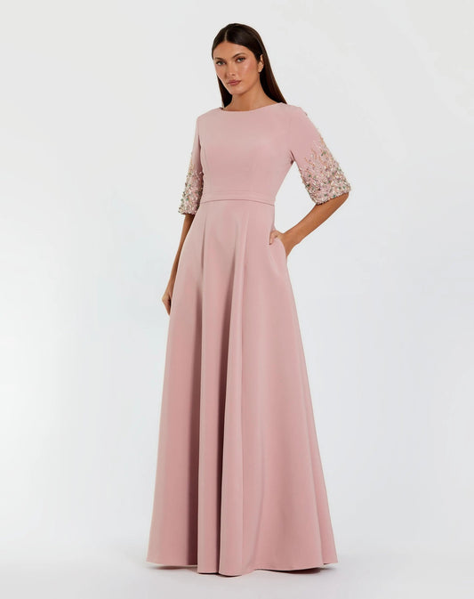 Crepe Gown With Embellished 3/4 Sleeves