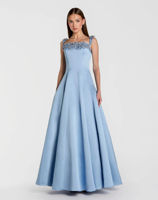 Blue Satin Ball Gown With 3D Embellished Flowers