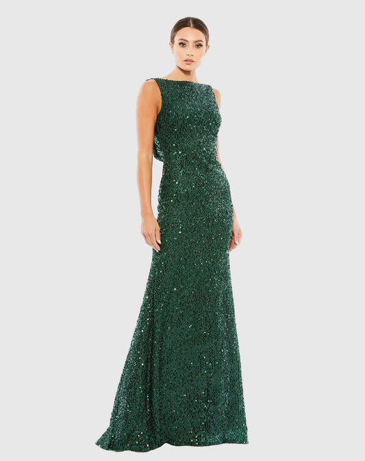 Green Cowl Back Boat Neck Sequined Evening Gown