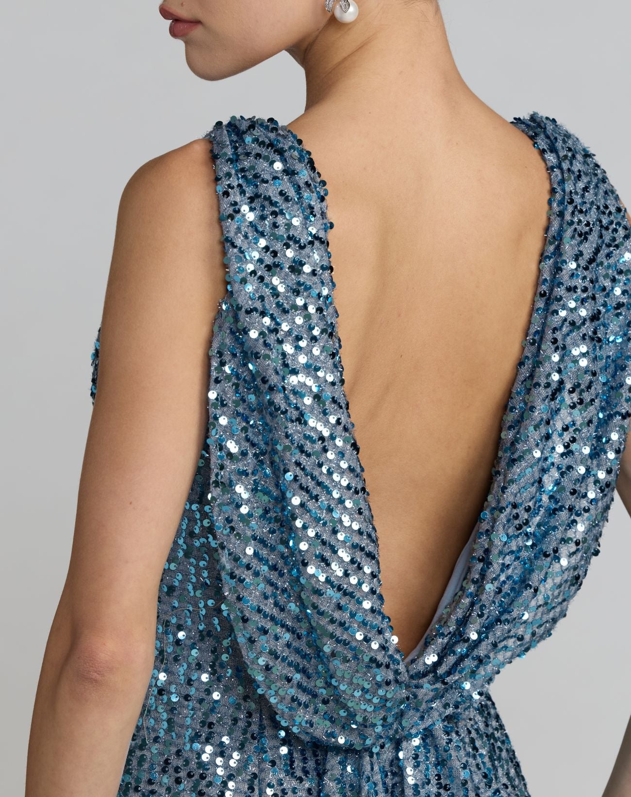 Blue Cowl Back Boat Neck Sequined Evening Gown
