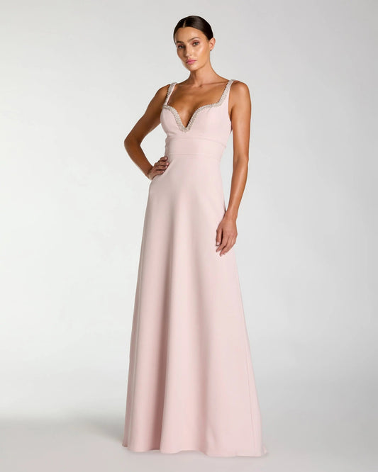 Light Pink Crepe A-Line Gown With Rhinestone Trim