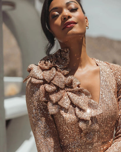 Light Pink Long Sleeve V Neck Sequin Gown With 3D Flower