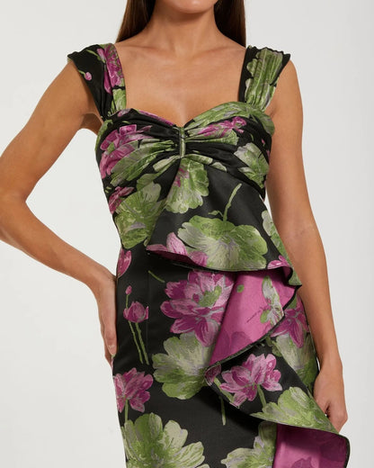 Black Sleeveless Floral Maxi Dress With Ruffle Detail