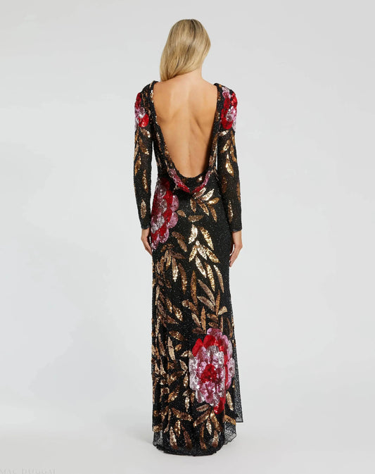Black Embellished Floral Long Sleeve Backless Gown