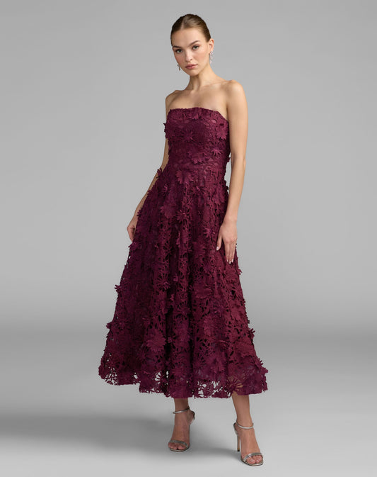 Deep Purple Strapless Floral Embroidered Lace A-Line Dress
