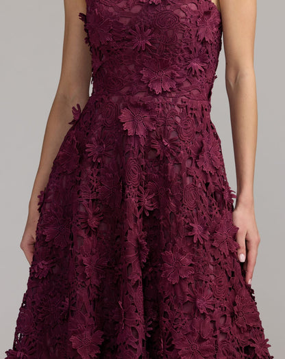 Deep Purple Strapless Floral Embroidered Lace A-Line Dress