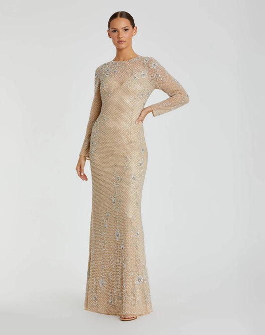 Long Sleeve Beaded Evening Gown