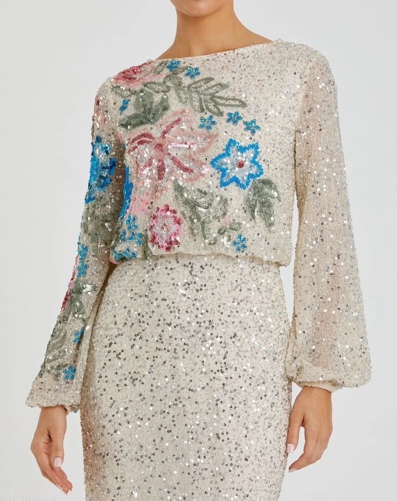 Beige High Neck Long Sleeve Sequin Evening Gown