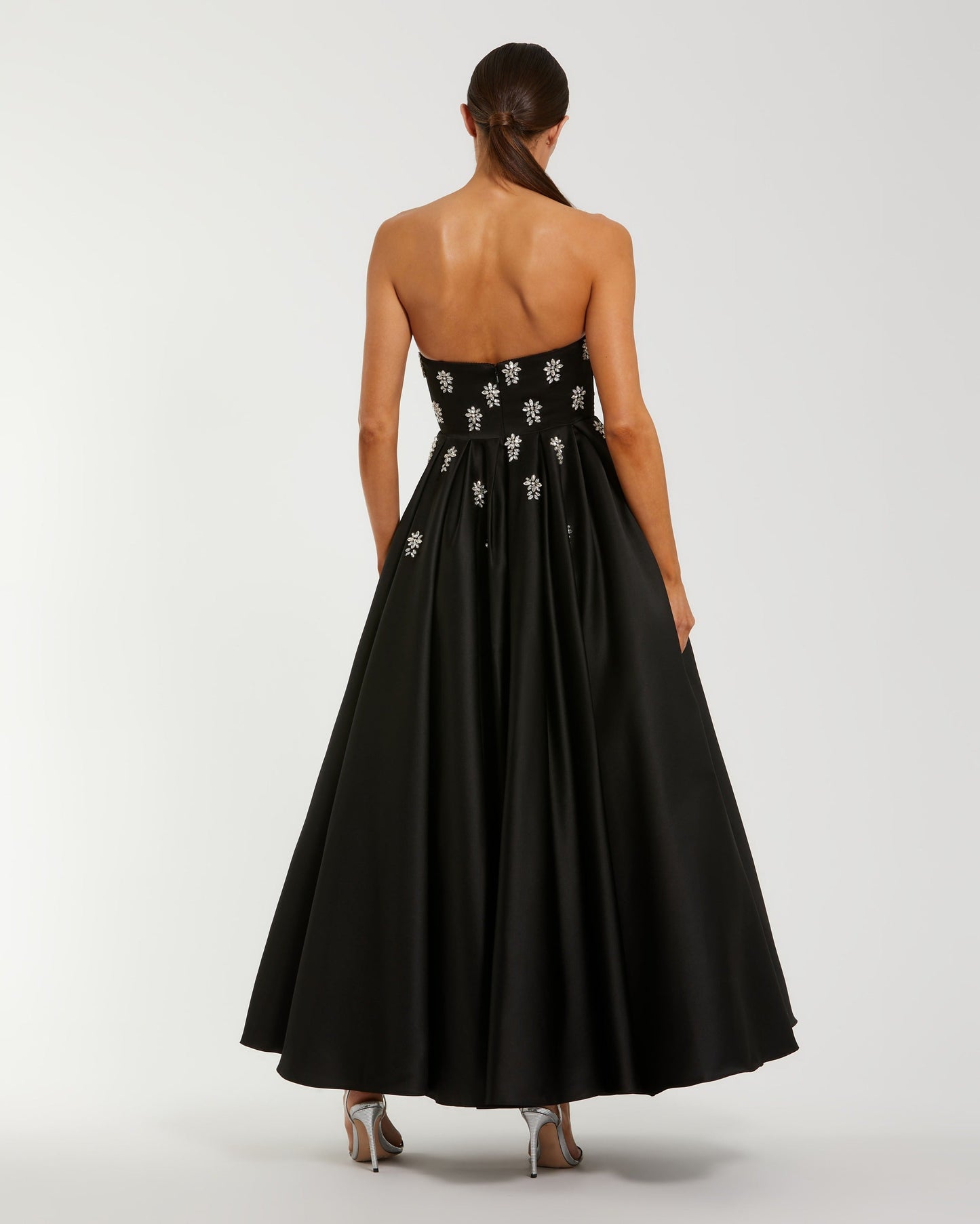 Black Strapless Crystal Embellished Satin A-Line Dress