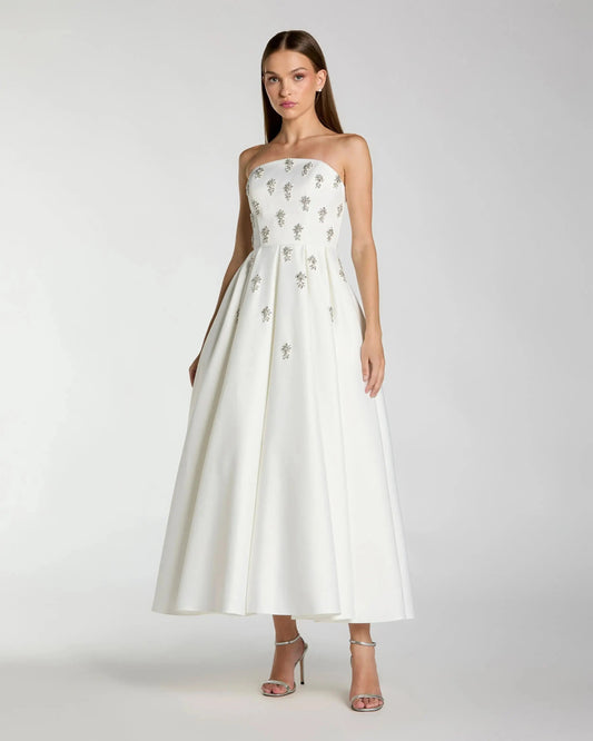 Crystal Embellished Strapless Satin A-Line Dress
