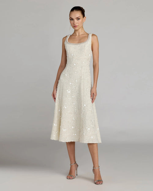 Ivory Embellished Boucle Sleeveless A-Line Midi Dress