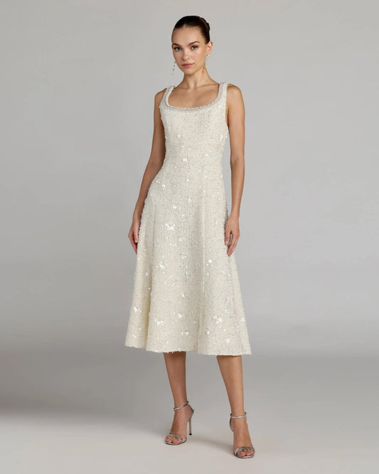 Ivory Embellished Boucle Sleeveless A-Line Midi Dress