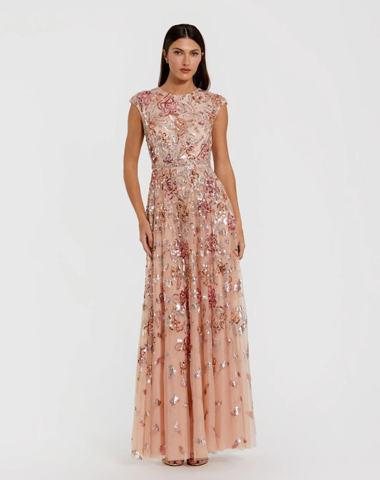 Coral Sequin High Neck Cap Sleeve A Line Gown