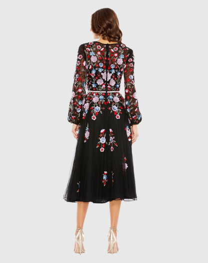 Black Sequined Floral High Neck Puff Sleeve Cocktail Dress