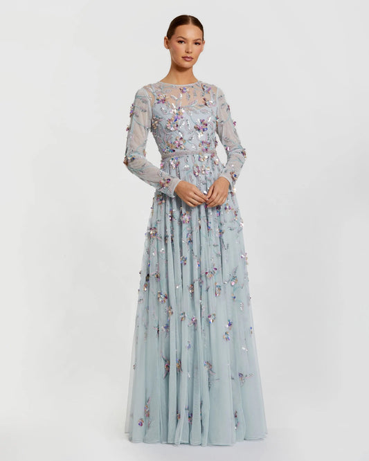 Light Blue Floral Embellished Evening Gown