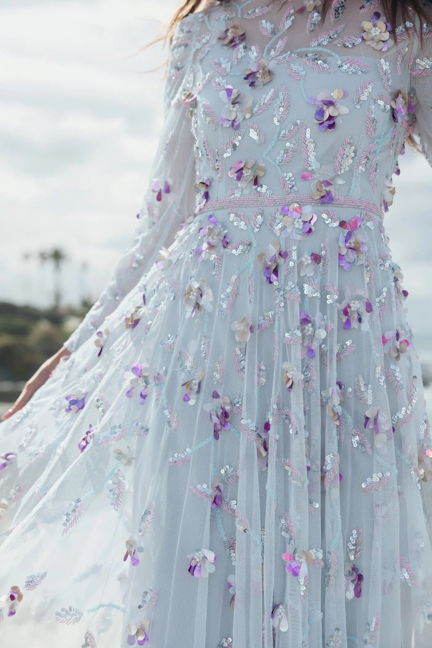 Light Blue Floral Embellished Evening Gown