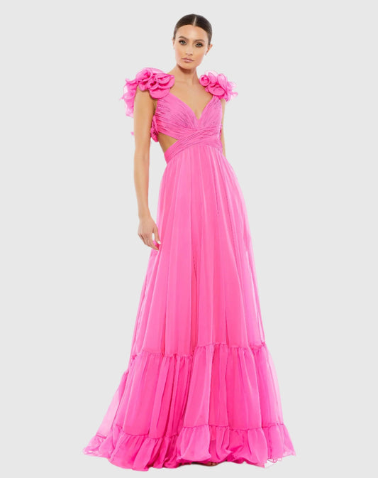 Dark Pink Ruffle Tiered Cut-Out Chiffon Gown - FINAL SALE