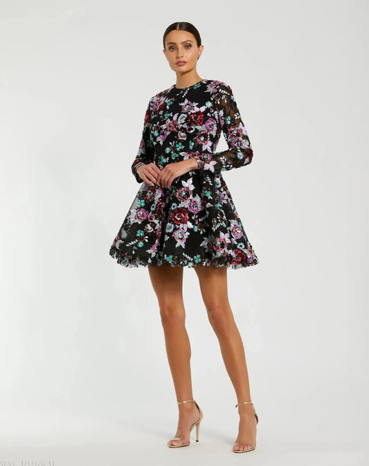 High Neck Long Sleeve Sequin A Line Mini Dress