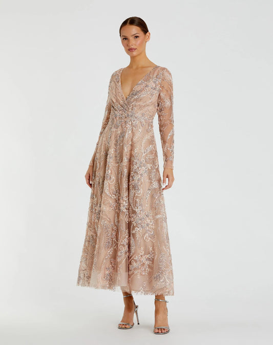 Beige Embroidered Long Sleeve V-Neck Midi Dress