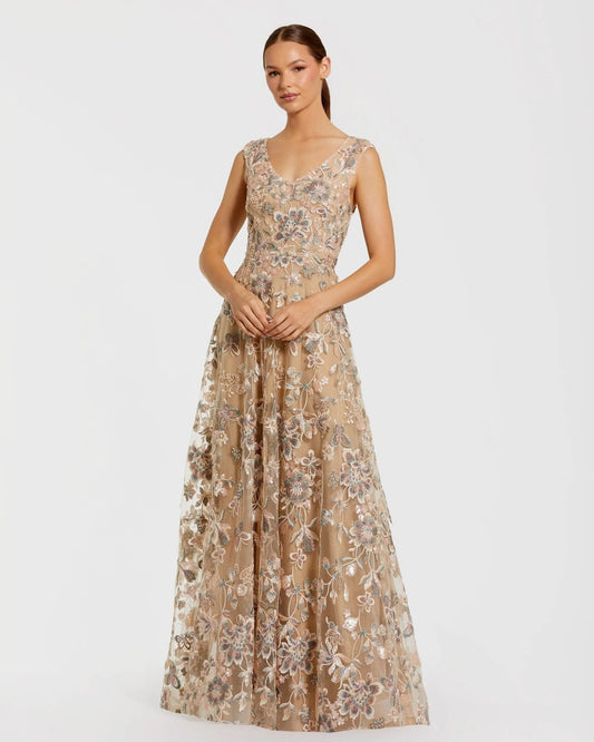 Beige Floral Embroidered Sleeveless V Neck Gown