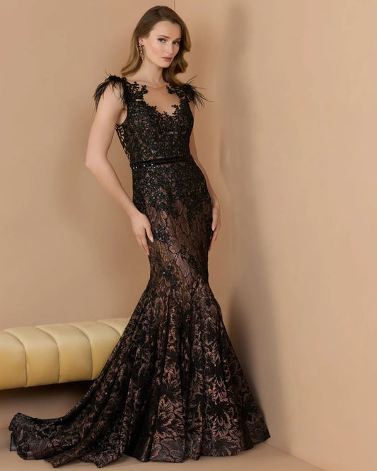 Embellished Feather Cap Sleeve Illusion Neck Trumpet Gown