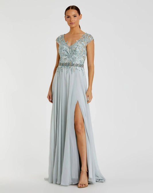 Blue Embellished Chiffon Cap Sleeve A-Line Gown