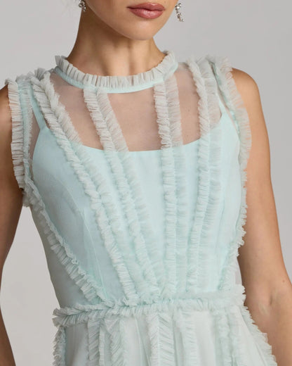 Light Blue High Neck Sleeveless Micro Ruffle Mini Dress