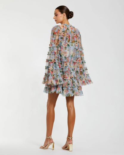 Blue Printed Mesh Ruffle High Neck Mini Dress