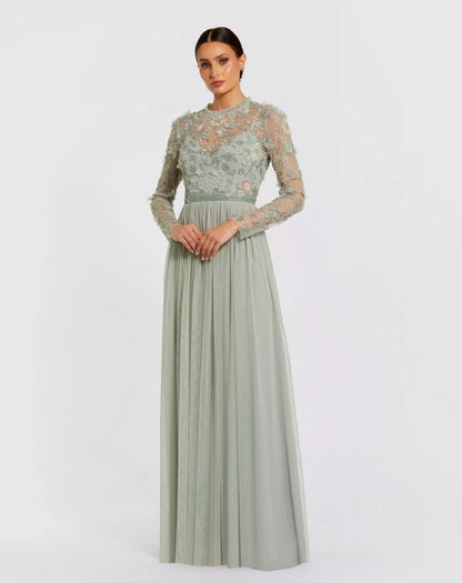Embellished Illusion High Neck Long Sleeve Gown
