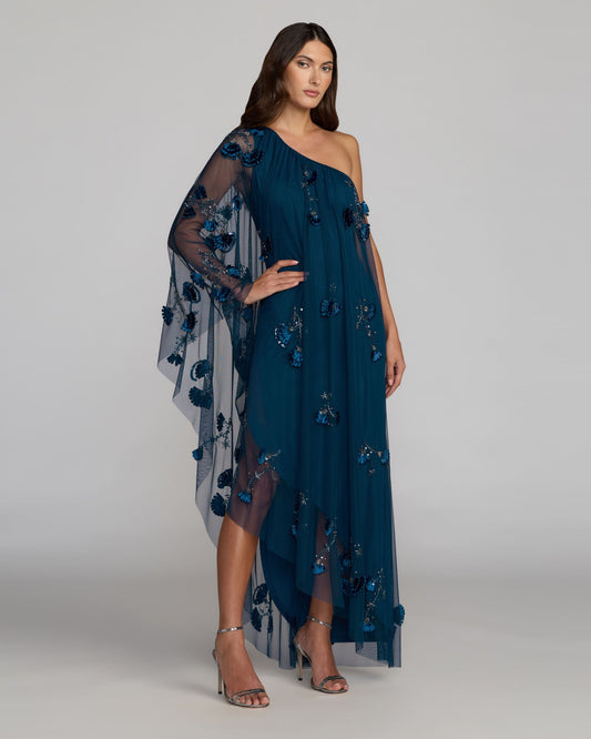 Blue One Shoulder Embellished Kaftan Gown