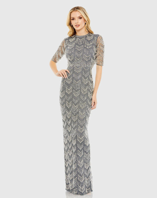 Gray Beaded Fringe Quarter Sleeve Column Gown - FINAL SALE