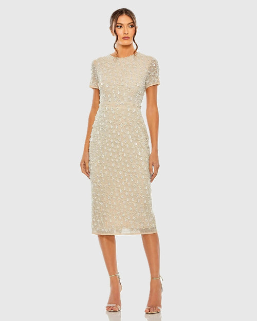 Beige High Neck Short Sleeve Embellished Midi Sheath Dress