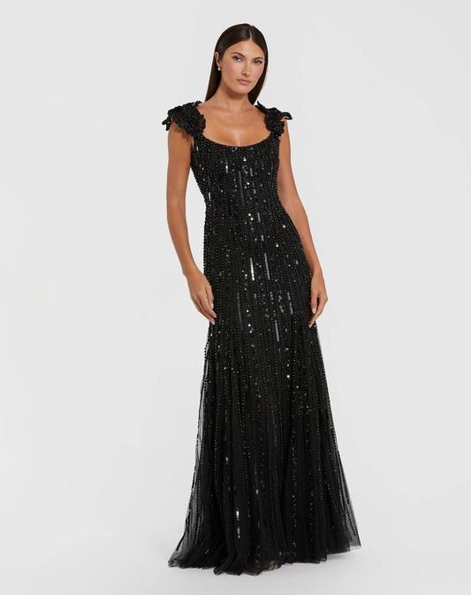 Black Sleeveless Embellished Gown With Floral Accent