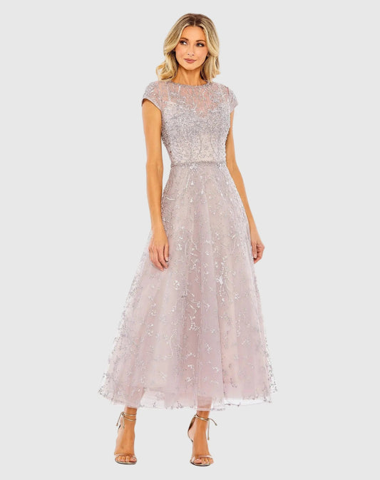 Embellished High Neck Cap Sleeve A Line Dress