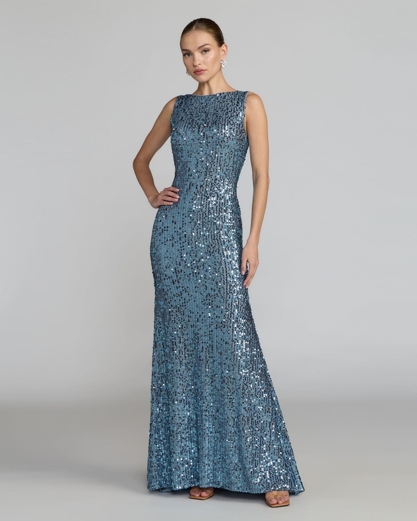 Cowl Back Boat Neck Sequined Evening Gown