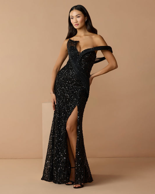 Embellished Strapless Gown with Sculptural Drape
