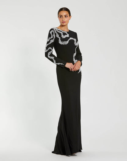 Jersey Evening Gown With Beaded Swirl Detail