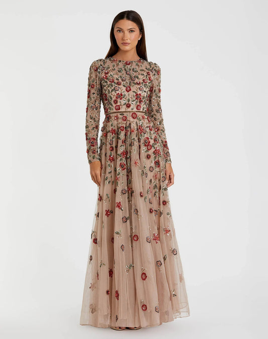 Embellished High Neck Long Sleeve A Line Gown
